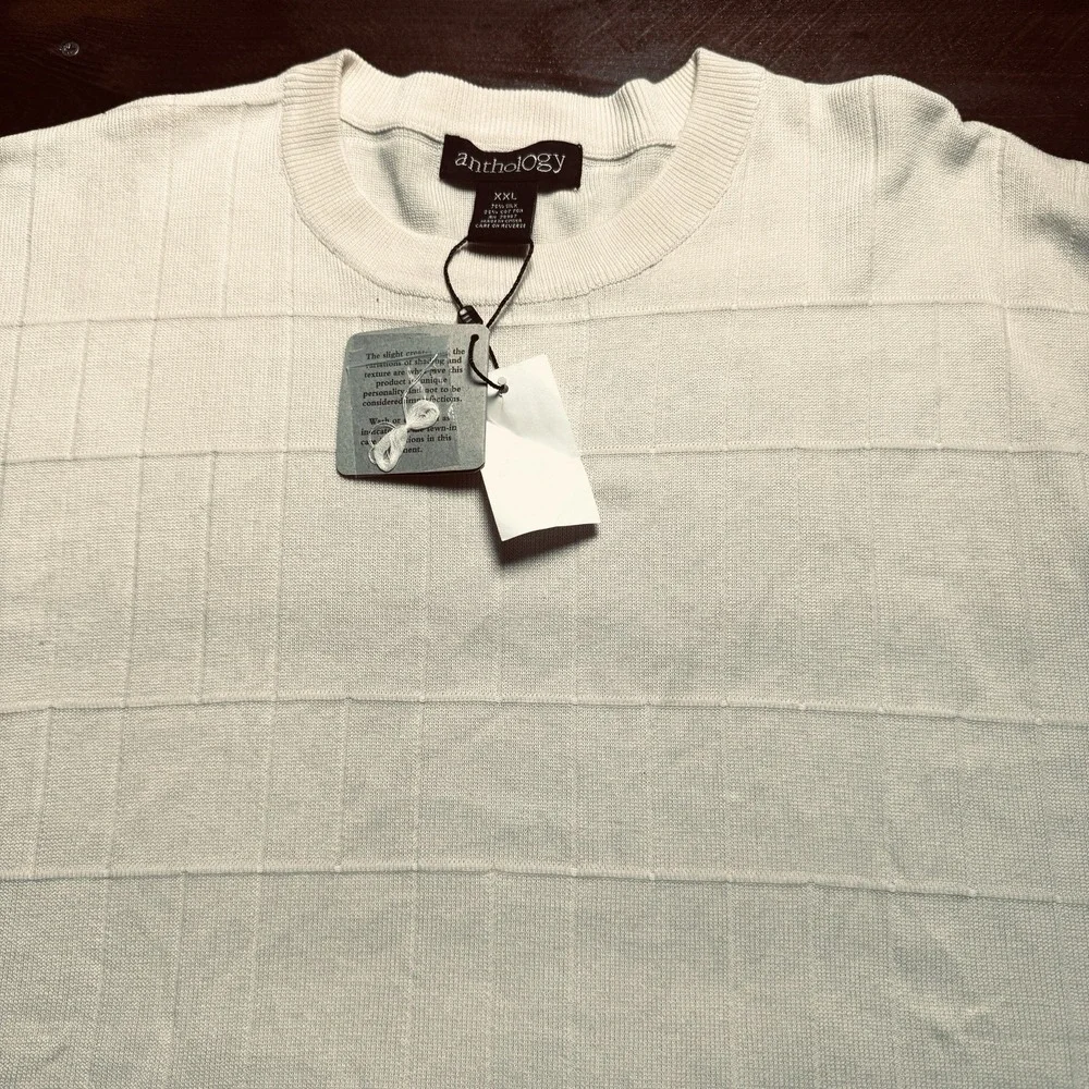 Anthropology Mens 2XL Silk Window Pane Ribbed Knit Short Sleeve Pullover NWT